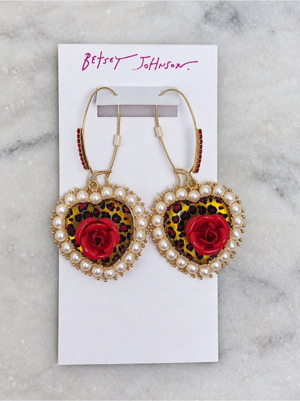Betsey Johnson Leopard Heart Red Rose Pearl Gold Tone Dangle Earrings NWT